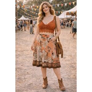 Boho Cottagecore Festival Summer Floral Brown Orange Flowy A Line 14W Skirt